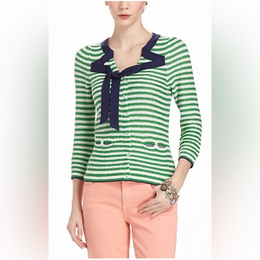 Anthropologie Green and White Striped Sweater